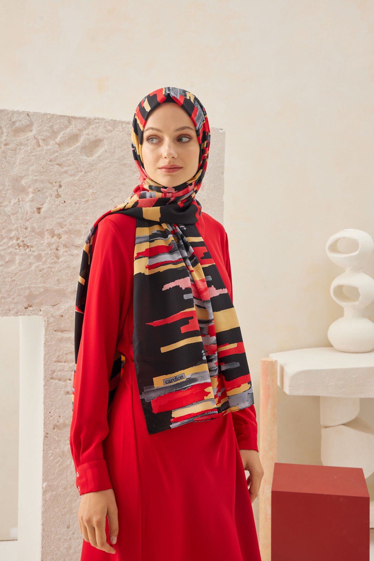 CARDİON MEDİNE İPEĞİ ŞAL PASTEL MODEL SİYAH KIRMIZI