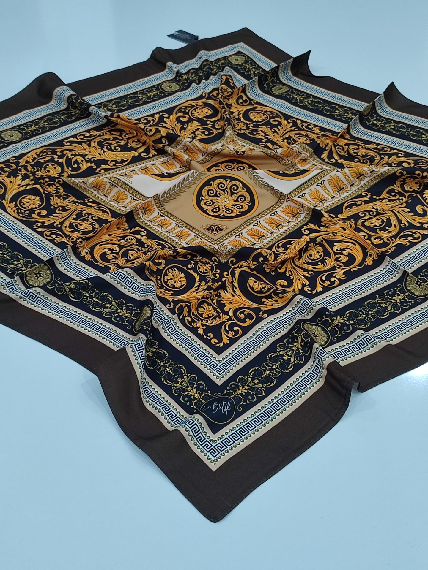 LABUTİK VERSACE MODEL TİVİL EŞARP SİYAH BAL SARISI