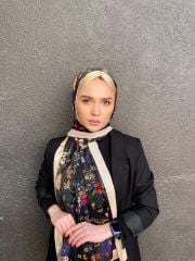 VUAL İPEK ŞAL PAPATYA DESENLİ KREM  SİYAH
