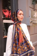 Vual İpek Şal  Varok Desen Lacivert Kırmızı