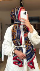 Vual İpek Şal  Varok Desen Lacivert Kırmızı