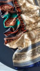 Vual İpek Şal Varok Desen Lacivert Yeşil