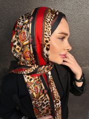 VUAL İPEK ŞAL LEOPAR DESENLİ KIRMIZI SİYAH