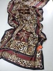 HERMES VUAL İPEK ŞAL LEOPAR DESENLİ BORDO SİYAH