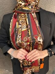 HERMES VUAL İPEK ŞAL LEOPAR DESENLİ BORDO SİYAH