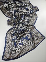 HERMES VUAL İPEK ŞAL ÇİÇEK DESENLİ LACİVERT VİZON