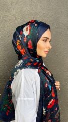 GUCCİ VUAL İPEK ŞAL ÇİÇEK DESENLİ G BASKILI LACİVERT