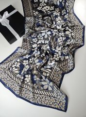 HERMES VUAL İPEK ŞAL ÇİÇEK DESENLİ LACİVERT VİZON