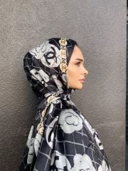 CHANEL VUAL İPEK  ŞAL SİYAH GRİ EKOSE DESEN