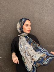 HERMES VUAL İPEK ŞAL ETNİK  DESENLİ LACİVERT BEYAZ