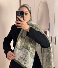 VUAL İPEK ŞAL HİNT  DESENLİ HAKİ YEŞİL