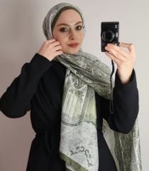 VUAL İPEK ŞAL HİNT  DESENLİ HAKİ YEŞİL