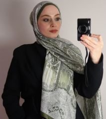 VUAL İPEK ŞAL HİNT  DESENLİ HAKİ YEŞİL