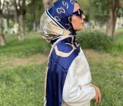 GUCCİ  VUAL İPEK ŞAL EKOSE DESEN LACİVERT KREM