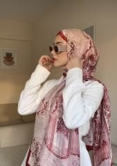 VUAL İPEK ŞAL HİNT  DESENLİ  BORDO BEYAZ