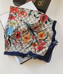 GUCCİ VUAL İPEK ŞAL ÇİÇEKLİ  G BASKILI LACİVERT VİZON