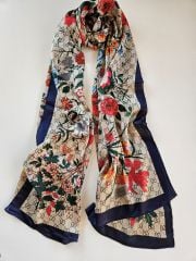 GUCCİ VUAL İPEK ŞAL ÇİÇEKLİ  G BASKILI LACİVERT VİZON