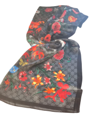 GUCCİ VUAL İPEK ŞAL ÇİÇEKLİ  G BASKILI SİYAH ANTRASİT