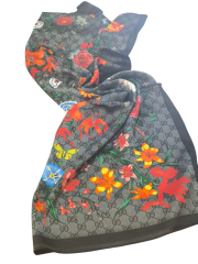 GUCCİ VUAL İPEK ŞAL ÇİÇEKLİ  G BASKILI SİYAH ANTRASİT