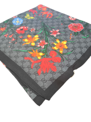 GUCCİ VUAL İPEK ŞAL ÇİÇEKLİ  G BASKILI SİYAH ANTRASİT