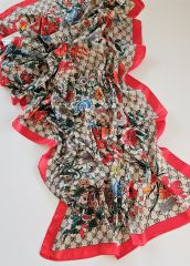 GUCCİ VUAL İPEK ŞAL ÇİÇEKLİ  G BASKILI KIRMIZI