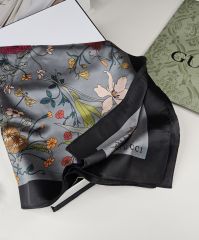 GUCCİ VUAL İPEK ŞAL ÇİÇEK DESENLİ SİYAH GRİ