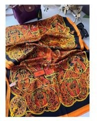 HERMES VUAL İPEK ŞAL KARIŞIK DESEN  SİYAH TURUNCU