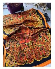 HERMES VUAL İPEK ŞAL KARIŞIK DESEN  SİYAH TURUNCU
