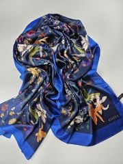 GUCCİ VUAL İPEK ŞAL PAPATYA DESENLİ LACİVERT SAKS MAVİ