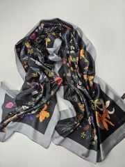 VUAL İPEK ŞAL PAPATYA DESENLİ GRİ SİYAH