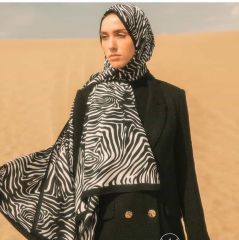 MODA KAŞMİR MEDİNE İPEĞİ ŞAL  ZEBRA  SİYAH BEYAZ