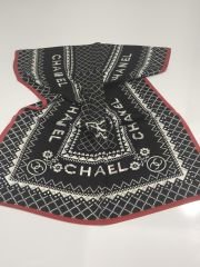 CHANEL PAPATYA DESEN VUAL İPEK ŞAL SİYAH KIRMIZI