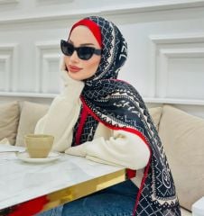 CHANEL PAPATYA DESEN VUAL İPEK ŞAL SİYAH KIRMIZI