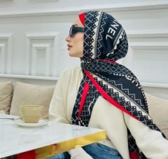 CHANEL PAPATYA DESEN VUAL İPEK ŞAL SİYAH KIRMIZI