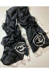 C DESEN VUAL İPEK ŞAL ORTASI BOŞ KIRIK BEYAZ SİYAH