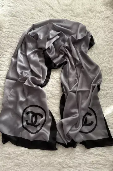 C DESEN VUAL İPEK ŞAL ORTASI BOŞ SİYAH GRİ