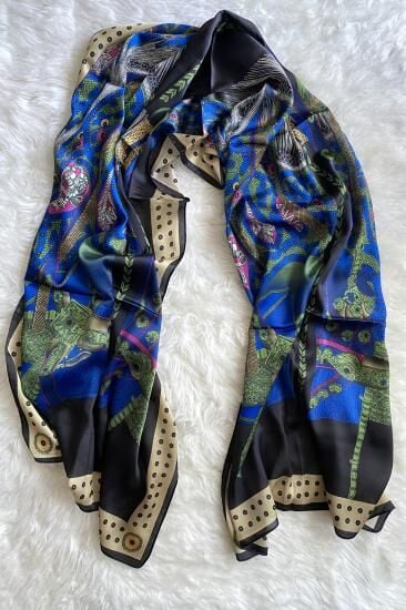 VUAL İPEK ŞAL ETNİK DESEN  SİYAH MAVİ