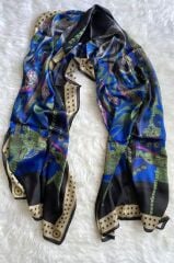 VUAL İPEK ŞAL ETNİK DESEN  SİYAH MAVİ