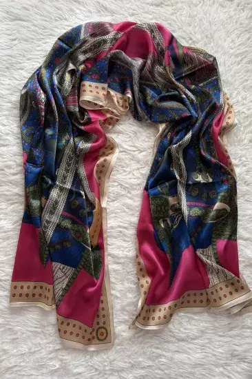 VUAL İPEK ŞAL ETNİK DESEN  FUŞYA PEMBE