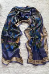 VUAL İPEK ŞAL ETNİK DESEN  KOT MAVİ