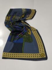 VUAL İPEK ŞAL ETNİK DESEN  KOT MAVİ