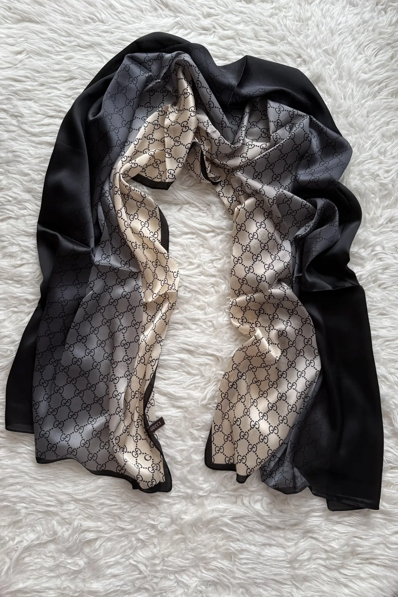 VUAL İPEK ŞAL LOGO DESEN SİYAH KREM GRİ