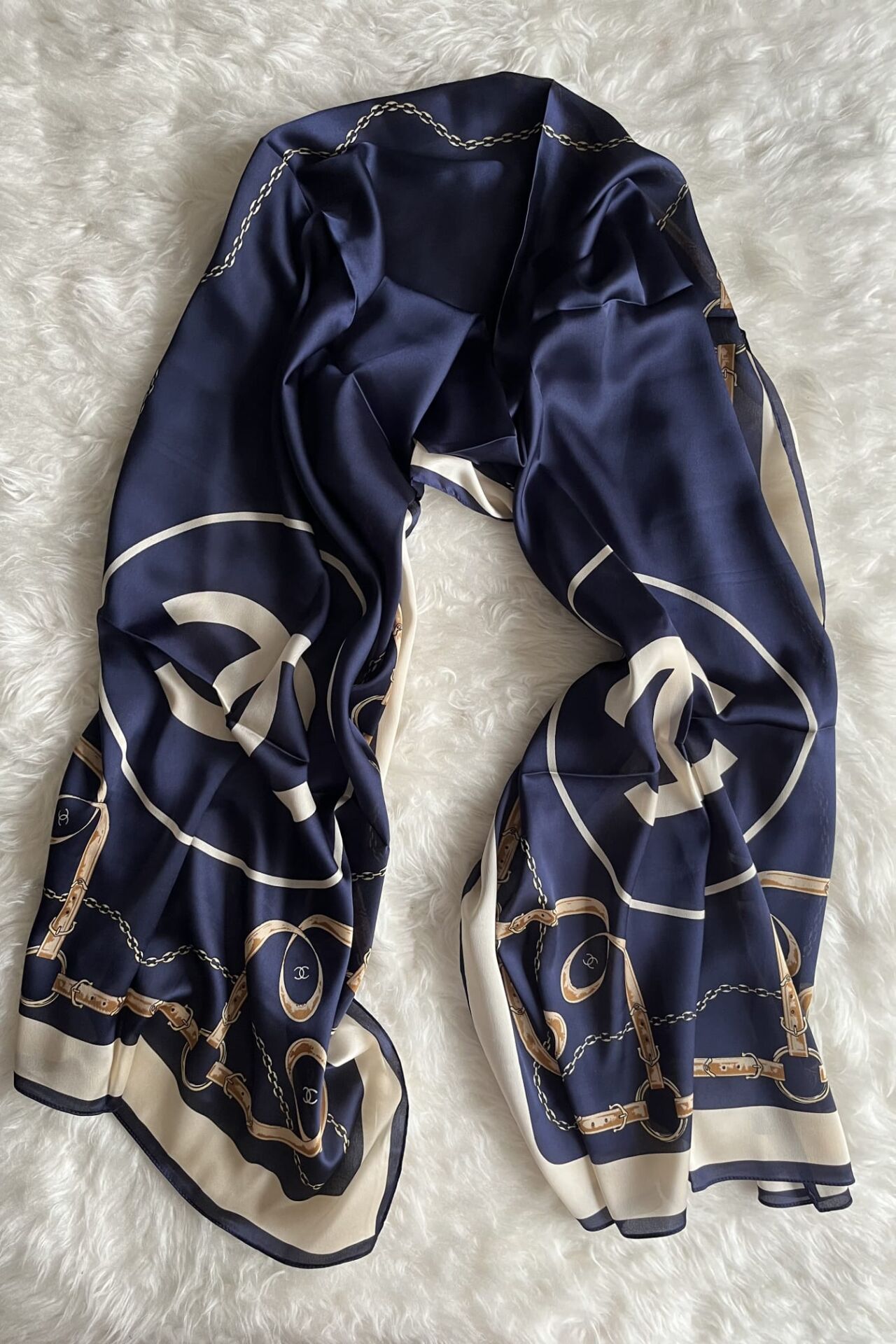 C DESEN KEMERLİ  VUAL İPEK ŞAL LACİVERT KREM