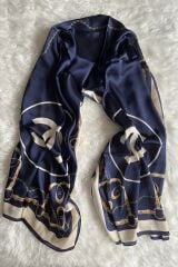 C DESEN KEMERLİ  VUAL İPEK ŞAL LACİVERT KREM