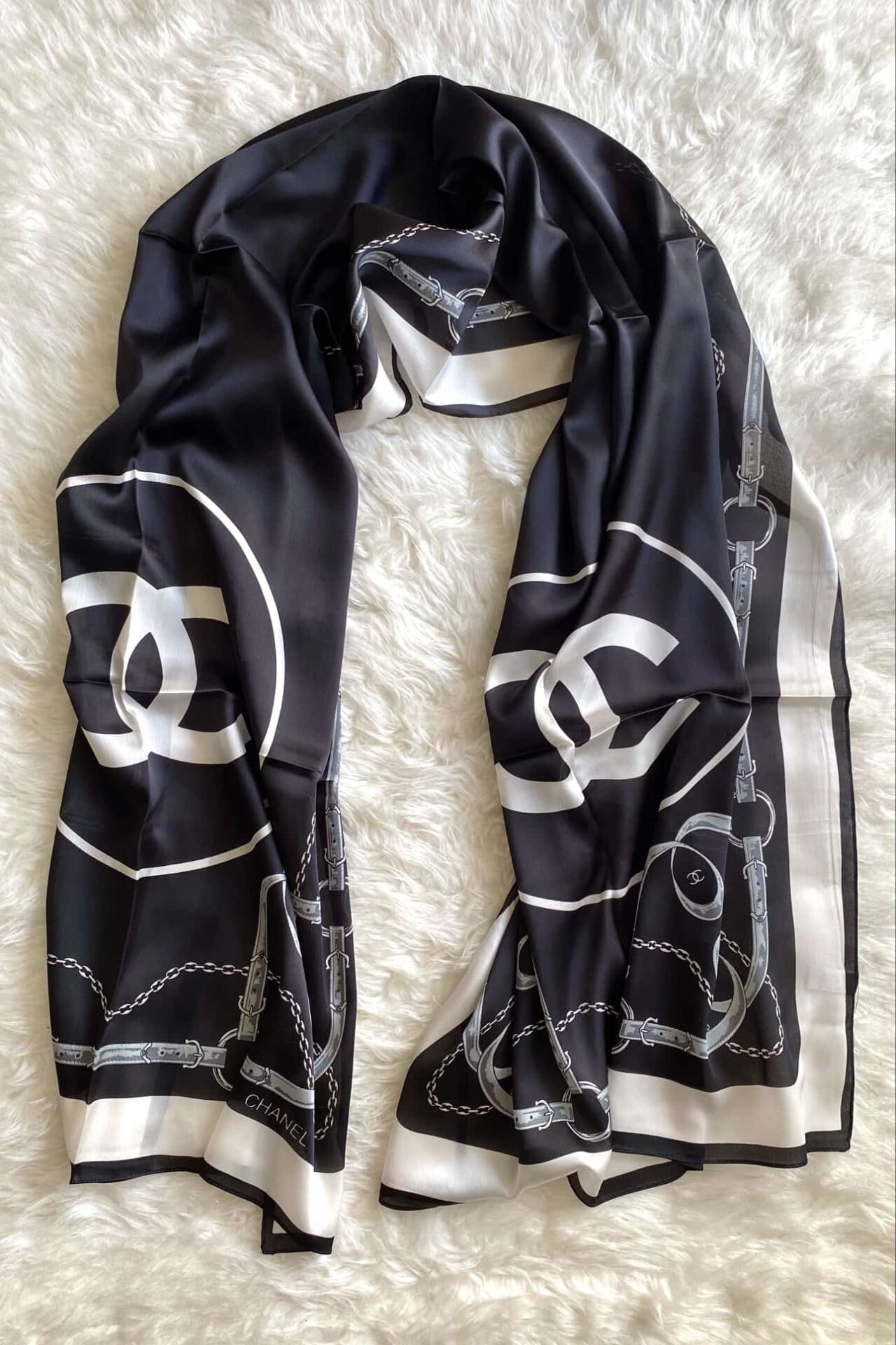 C DESEN KEMERLİ  VUAL İPEK ŞAL SİYAH KREM