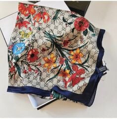 GUCCİ VUAL İPEK ŞAL ÇİÇEKLİ  G BASKILI LACİVERT KREM