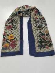 GUCCİ VUAL İPEK ŞAL ÇİÇEKLİ  G BASKILI LACİVERT KREM
