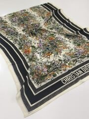 DİOR VUAL İPEK ŞAL ÇİÇEKLİ DESENLİ  BEYAZ SİYAH YEŞİL TURUCU