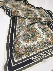 DİOR VUAL İPEK ŞAL ÇİÇEKLİ DESENLİ  BEYAZ SİYAH YEŞİL TURUCU