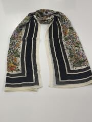 VUAL İPEK ŞAL ÇİÇEKLİ DESENLİ  BEYAZ SİYAH YEŞİL TURUNCU